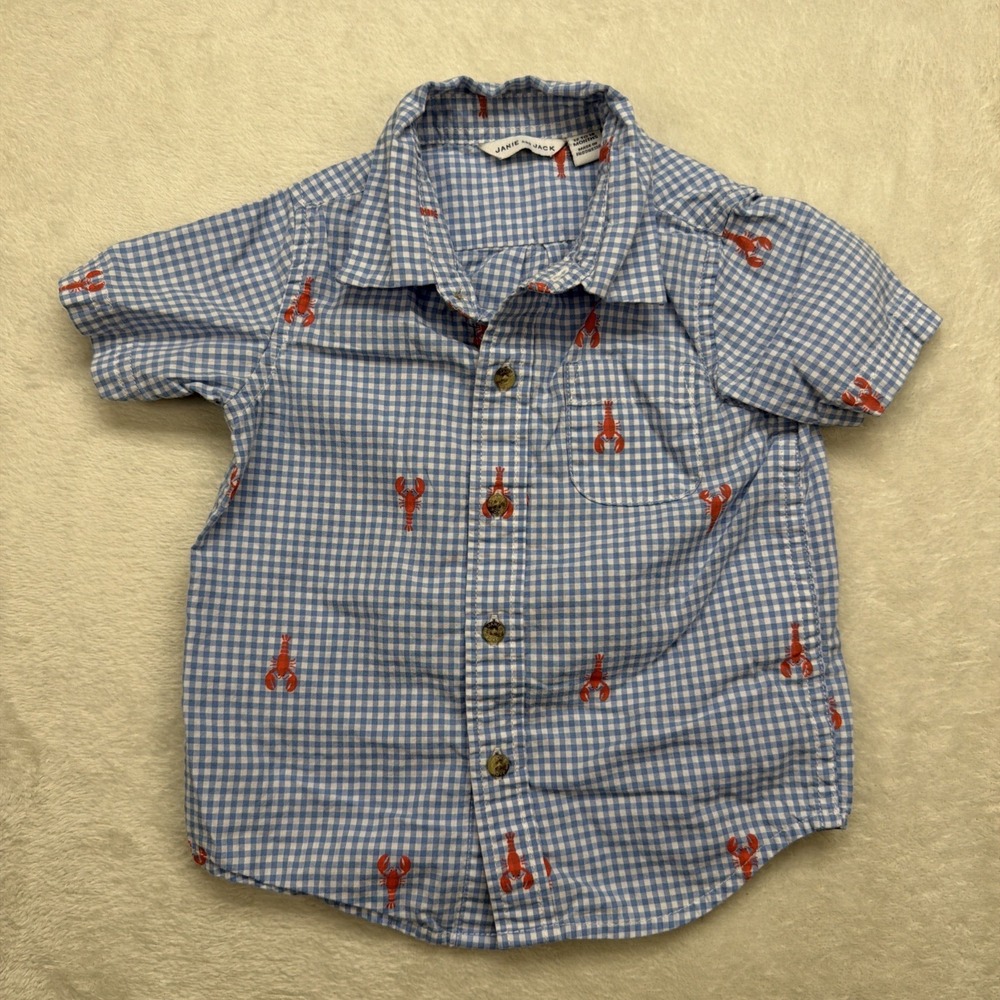 Janie and Jack‎ Button Up Shirt 12-18 Months Blue Gingham Lobster Print Coastal